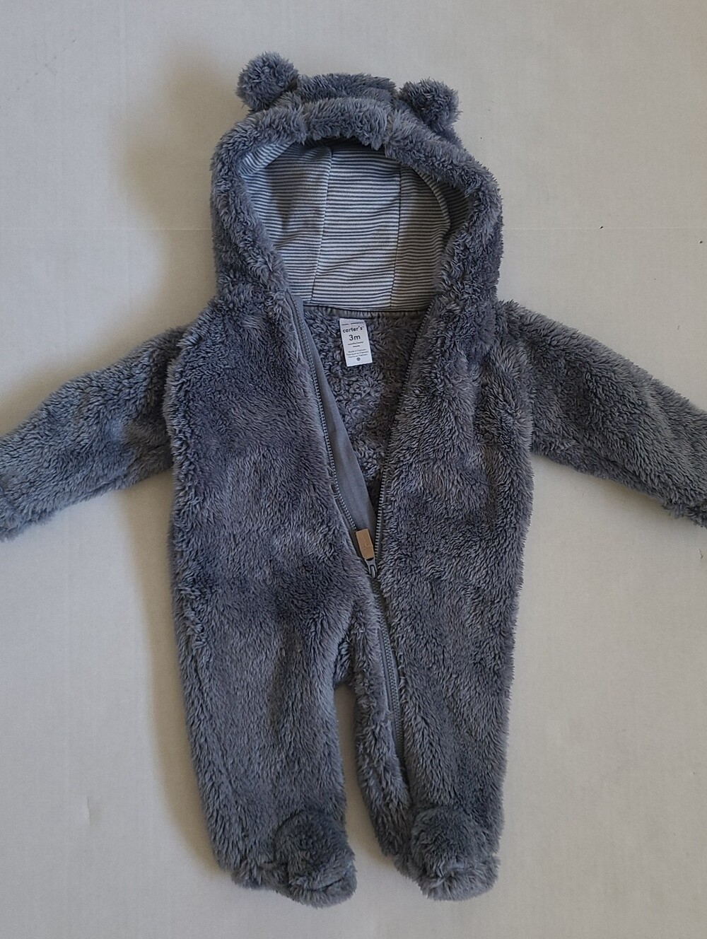 Carter's Teddy Bear Bunting Snowsuit Size 3 Mo Baby Hooded Sherpa Jumpsuit Gray.